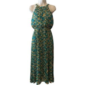WD·NY Maxi Dress Womens Small Teal Gold Leaf Print Pleated Halter Boho Long